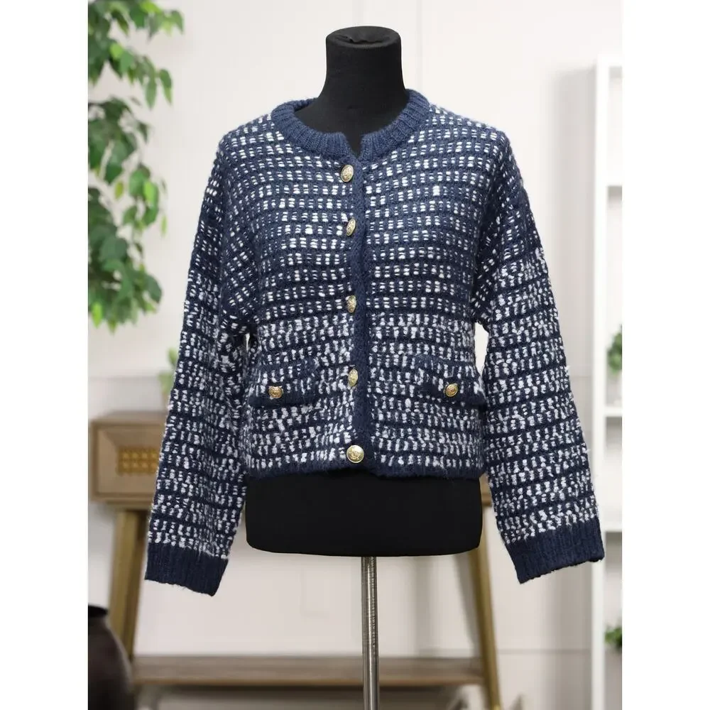 Quiet Luxury Preppy J.Crew Alpaca Wool Gold Button Cardigan Jacket Navy XS
